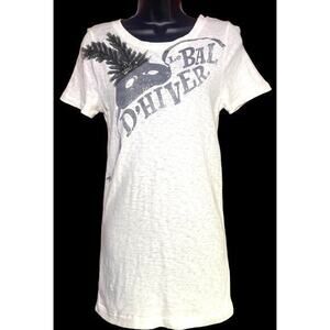 J Crew Graphic Ivory‎ T-shirt “Le Bal D’Hiver” Rhinestone Lace Mask Size Large